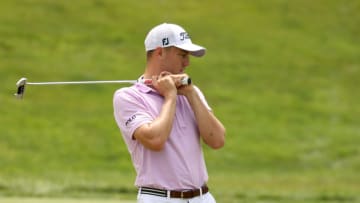DUBLIN, OHIO - JULY 12: Justin Thomas of the United States reacts to a missed putt on the 18th green during the second playoff hole during the final round of the Workday Charity Open on July 12, 2020 at Muirfield Village Golf Club in Dublin, Ohio. (Photo by Gregory Shamus/Getty Images)