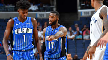 MEMPHIS, TN - OCTOBER 2: Jonathon Simmons #17 talks with Jonathan Isaac #1 of the Orlando Magic during the game against the Memphis Grizzlies during a preseason game on October 2, 2017 at FedExForum in Memphis, Tennessee. NOTE TO USER: User expressly acknowledges and agrees that, by downloading and or using this photograph, User is consenting to the terms and conditions of the Getty Images License Agreement. Mandatory Copyright Notice: Copyright 2017 NBAE (Photo by Jesse D. Garrabrant/NBAE via Getty Images)