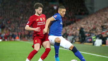 LIVERPOOL, ENGLAND - JANUARY 05: Richarlison of Everton battles for possession with Neco Williams of Liverpool during the FA Cup Third Round match between Liverpool and Everton at Anfield on January 05, 2020 in Liverpool, England. (Photo by Clive Brunskill/Getty Images)