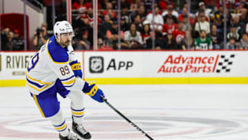RALEIGH, NC - NOVEMBER 07: Alex Tuch #89 of the Buffalo Sabres skates with the puck during the third period of the game against the Carolina Hurricanes at PNC Arena on November 07, 2023 in Raleigh, North Carolina. Hurricanes defeat Sabres 3-2. (Photo by Jaylynn Nash/Getty Images)