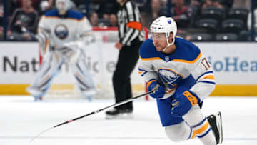 COLUMBUS, OHIO - OCTOBER 04: Tyson Jost #17 of the Buffalo Sabres skates during the first period in a preseason game against the Columbus Blue Jackets at Nationwide Arena on October 04, 2023 in Columbus, Ohio. (Photo by Jason Mowry/Getty Images)