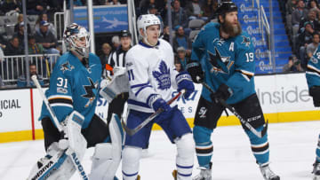 SAN JOSE, CA - FEBRUARY 28: Martin Jones #31 and Joe Thornton #19 of the San Jose Sharks defend the net against Zach Hyman #11 of the Toronto Maple Leafs at SAP Center on February 28, 2017 in San Jose, California. (Photo by Rocky W. Widner/NHL/Getty Images)