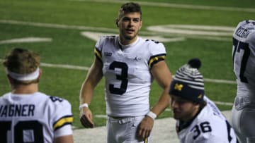 PISCATAWAY, NJ - NOVEMBER 21: Quinn Nordin #3 of the Michigan Wolverines looks on from the sideline during the first quarter at SHI Stadium on November 21, 2020 in Piscataway, New Jersey. Michigan defeated Rutgers 48-42 in triple overtime. (Photo by Corey Perrine/Getty Images)