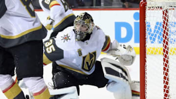 NEW YORK, NY - OCTOBER 30: Oscar Dansk #35 of the Vegas Golden Knights tends net against the New York Islanders during the second period at the Barclays Center on October 30, 2017 in the Brooklyn borough of New York City. (Photo by Bruce Bennett/Getty Images)