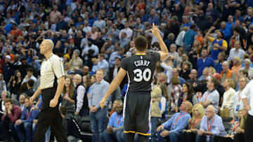 Feb 27, 2016; Oklahoma City, OK, USA; Golden State Warriors guard Stephen Curry (30) reacts after hitting the game winning shot against the Oklahoma City Thunder in overtime at Chesapeake Energy Arena. Mandatory Credit: Mark D. Smith-USA TODAY Sports