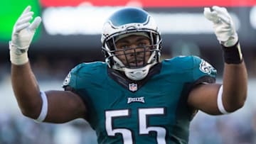 Sep 25, 2016; Philadelphia, PA, USA; Philadelphia Eagles defensive end Brandon Graham (55) reacts to a stop against the Pittsburgh Steelers during the second quarter at Lincoln Financial Field. The Philadelphia Eagles won 34-3. Mandatory Credit: Bill Streicher-USA TODAY Sports