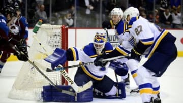 Jan 22, 2016; Denver, CO, USA; Colorado Avalanche center Carl Soderberg (34) attempts to score on St. Louis Blues goalie Brian Elliott (1) in a over time period at Pepsi Center. The Avalanche defeated the Blues 2-1 in a shootout. Mandatory Credit: Ron Chenoy-USA TODAY Sports