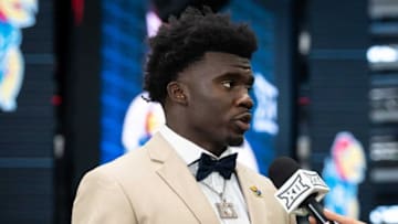University of Kansas safety Kenny Logan Jr. speaks in an interview with ESPN during the first day of Big 12 Media Days in AT&T Stadium in Arlington, Texas, July 12, 2023.