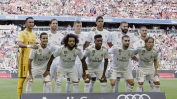 MUNICH, GERMANY - JULY 30: Back row: (L-R) Keylor Navas of Real Madrid, Sergio Ramos of Real Madrid, Toni Kroos of Real Madrid, Raphael Varane of Real Madrid, Karim Benzema of Real Madrid, Eden Hazard of Real MadridFront row: (L-R) Lucas Vazquez of Real Madrid, Marcelo of Real Madrid, Rodrygo of Real Madrid, Dani Carvajal of Real Madrid, Luka Modric of Real Madrid during the Audi Cup match between Real Madrid v Tottenham Hotspur at the Allianz Arena on July 30, 2019 in Munich Germany (Photo by Rico Brouwer/Soccrates/Getty Images)
