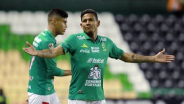 during a 14th round match between Leon and Puebla as part of Torneo Apertura 2018 Liga MX at Leon Stadium on October 28, 2018 in Leon, Mexico.