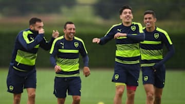 ST ALBANS, ENGLAND - SEPTEMBER 27: (L-R) Lucas Perez, Santi Cazorla, Hector Bellerin, and Gabriel of Arsenal warm up during an Arsenal training session ahead of the Champions League Group A match between Arsenal and Basel at London Colney on September 27, 2016 in St Albans, England. (Photo by Mike Hewitt/Getty Images)