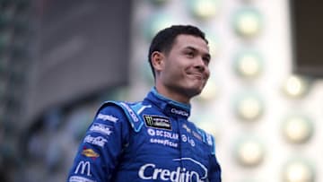 LAS VEGAS, NV - NOVEMBER 29: Kyle Larson, driver of the #42 Credit One Chevrolet is introduced prior to the NASCAR Victory Lap Fueled by Sunoco on November 29, 2017 in Las Vegas, Nevada. (Photo by Chris Graythen/Getty Images)