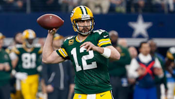 ARLINGTON, TX - JANUARY 15: Green Bay Packers quarterback Aaron Rodgers (12) drops back to pass during the NFC Divisional Playoff game between the Dallas Cowboys and Green Bay Packers on January 15, 2017, at AT