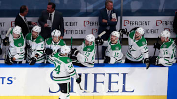 EDMONTON, ALBERTA - AUGUST 09: Denis Gurianov #34 of the Dallas Stars is congratulated by his teammates after scoring the game-winning goal against the St. Louis Blues during the overtime shootout in a Western Conference Round Robin game during the 2020 NHL Stanley Cup Playoffs at Rogers Place on August 09, 2020 in Edmonton, Alberta. (Photo by Jeff Vinnick/Getty Images)