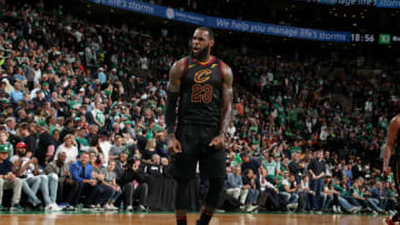 BOSTON, MA - MAY 27: LeBron James #23 of the Cleveland Cavaliers reacts during the game against the Boston Celtics during Game Seven of the Eastern Conference Finals of the 2018 NBA Playoffs on May 27, 2018 at the TD Garden in Boston, Massachusetts. NOTE TO USER: User expressly acknowledges and agrees that, by downloading and or using this photograph, User is consenting to the terms and conditions of the Getty Images License Agreement. Mandatory Copyright Notice: Copyright 2018 NBAE (Photo by Nathaniel S. Butler/NBAE via Getty Images)