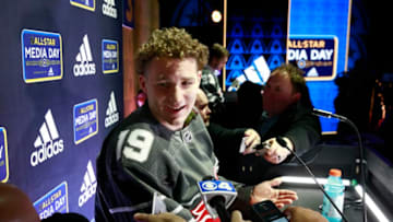 ST LOUIS, MISSOURI - JANUARY 23: Matthew Tkachuk #19 of the Calgary Flames speaks during the 2020 NHL All-Star media day at the Stifel Theater on January 23, 2020 in St Louis, Missouri. (Photo by Jeff Vinnick/NHLI via Getty Images)