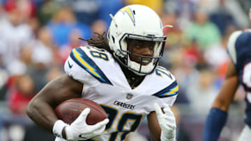 FOXBORO, MA - OCTOBER 29: Melvin Gordon #28 of the Los Angeles Chargers carries the ball against the New England Patriots during the first half at Gillette Stadium on October 29, 2017 in Foxboro, Massachusetts. (Photo by Maddie Meyer/Getty Images)