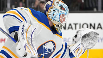 Dec 19, 2022; Las Vegas, Nevada, USA; Buffalo Sabres goaltender Ukko-Pekka Luukkonen (1) defends his net against the Vegas Golden Knights during the second period at T-Mobile Arena. Mandatory Credit: Stephen R. Sylvanie-USA TODAY Sports