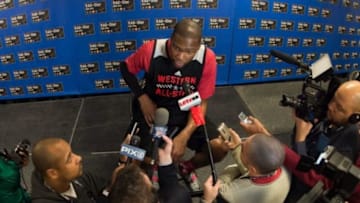 Feb 14, 2015; New York, NY, USA; Western Conference forward Kevin Durant of the Oklahoma City Thunder (35) addresses the media during practice at Madison Square Garden. Mandatory Credit: Kyle Terada-USA TODAY Sports