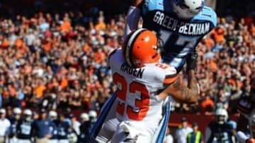 Sep 20, 2015; Cleveland, OH, USA; Tennessee Titans wide receiver Dorial Green-Beckham (17) catches a fourth quarter touchdown over Cleveland Browns cornerback Joe Haden (23) at FirstEnergy Stadium. The Browns won 28-14. Mandatory Credit: Ken Blaze-USA TODAY Sports