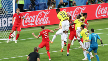 MOSCOW, RUSSIA - JULY 03: Yerry Mina of Colombia scores his team's first goal during the 2018 FIFA World Cup Russia Round of 16 match between Colombia and England at Spartak Stadium on July 3, 2018 in Moscow, Russia. (Photo by Alex Morton/Getty Images)