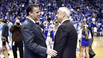 Dec 13, 2014; Lexington, KY, USA; North Carolina Tar Heels coach Roy Williams and Kentucky Wildcats head coach John Calipari at Rupp Arena. The Kentucky Wildcats defeated North Carolina Tar Heels 84-70. Mandatory Credit: Mark Zerof-USA TODAY Sports