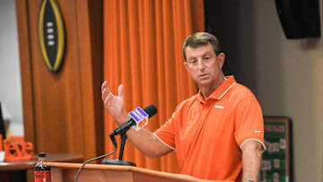 Dabo Swinney talks with media during a weekly press conference in the Poe Indoor Facility team room in Clemson, S.C. Tuesday, August 31, 2021.Dabo Swinney Aug 31 Presser