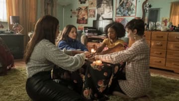 (l-r) Lourdes (Zoey Luna) Frankie (Gideon Adlon) Tabby (Lovie Simone) and Lily (Cailee Spaeny) perform rituals and talk about being cautious with their gifts in Columbia Pictures' THE CRAFT: LEGACY.