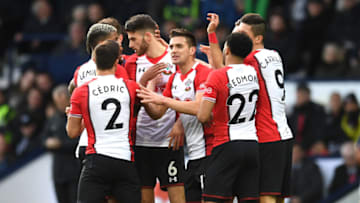 WEST BROMWICH, ENGLAND - FEBRUARY 17: Pierre-Emile Hojbjerg of Southampton celebrates with teammates after scoring his sides first gocelebrates scoring his sides first try during the The Emirates FA Cup Fifth Round between West Bromwich Albion v Southampton at The Hawthorns on February 17, 2018 in West Bromwich, England. (Photo by Michael Regan/Getty Images)