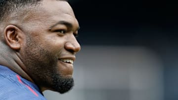 May 27, 2016; Toronto, Ontario, CAN; Boston Red Sox designated hitter David Ortiz (34) gives a fan a smile during batting practice before an MLB game against the Toronto Blue Jays at Rogers Centre. Mandatory Credit: Kevin Sousa-USA TODAY Sports