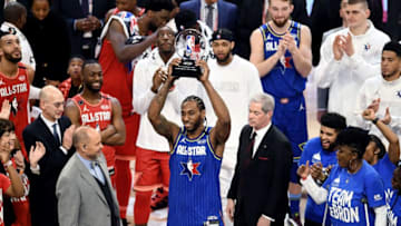 CHICAGO, ILLINOIS - FEBRUARY 16: Kawhi Leonard #2 of Team LeBron celebrates with the trophy after being named the Kobe Bryant MVP during the 69th NBA All-Star Game at the United Center on February 16, 2020 in Chicago, Illinois. NOTE TO USER: User expressly acknowledges and agrees that, by downloading and or using this photograph, User is consenting to the terms and conditions of the Getty Images License Agreement. (Photo by Stacy Revere/Getty Images)