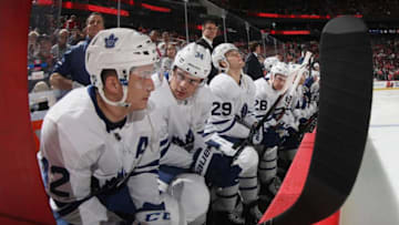 NEWARK, NJ - APRIL 05: Patrick Marleau #12, Auston Matthews #34 and William Nylander #29 of the Toronto Maple Leafs prepare to play against the New Jersey Devils at the Prudential Center on April 5, 2018 in Newark, New Jersey. The Devils defeated the Maple Leafs 2-1 to clinch a playoff position. (Photo by Bruce Bennett/Getty Images)