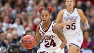 COLUMBUS, OH - MARCH 30: Mississippi State Lady Bulldogs guard Jordan Danberry (24) pushes the ball past half court in the division I women's championship semifinal game between the Louisville Cardinals and the Mississippi State Bulldogs on March 30, 2018 at Nationwide Arena in Columbus, OH. (Photo by Adam Lacy/Icon Sportswire via Getty Images)