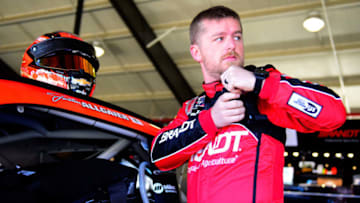 FONTANA, CA - MARCH 15: Justin Allgaier, driver of the #7 BRANDT Professional Agriculture Cherolet, stands in the garage area during practice for the NASCAR Xfinity Series Production Alliance Group 300 at Auto Club Speedway on March 15, 2019 in Fontana, California. (Photo by Jared C. Tilton/Getty Images)