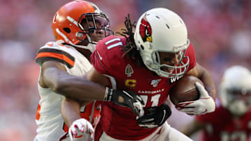 GLENDALE, ARIZONA - DECEMBER 15: Wide receiver Larry Fitzgerald #11 of the Arizona Cardinals makes a reception against the Cleveland Browns during the NFL game at State Farm Stadium on December 15, 2019 in Glendale, Arizona. The Cardinals defeated the Browns 38-24. (Photo by Christian Petersen/Getty Images)