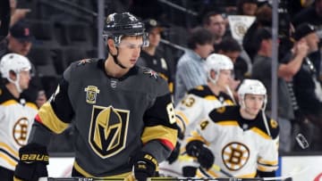 LAS VEGAS, NV - OCTOBER 15: Vadim Shipachyov #87 of the Vegas Golden Knights picks up a puck with his stick during warmups before the team's game against the Boston Bruins at T-Mobile Arena on October 15, 2017 in Las Vegas, Nevada. The Golden Knights won 3-1. (Photo by Ethan Miller/Getty Images)