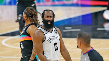 SAN ANTONIO, TX - MARCH 1: James Harden #13 of the Brooklyn Nets complains about a call during game against the San Antonio Spurs in the second half at AT&T Center on March 1, 2021 in San Antonio, Texas. Brooklyn Nets defeated the San Antonio Spurs 124-113 in OT. NOTE TO USER: User expressly acknowledges and agrees that , by downloading and or using this photograph, User is consenting to the terms and conditions of the Getty Images License Agreement. (Photo by Ronald Cortes/Getty Images)
