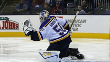 Sep 22, 2015; Columbus, OH, USA; St. Louis Blues goalie Jordan Bennington (50) makes a save against the Columbus Blue Jackets during the second period at Nationwide Arena. Mandatory Credit: Russell LaBounty-USA TODAY Sports