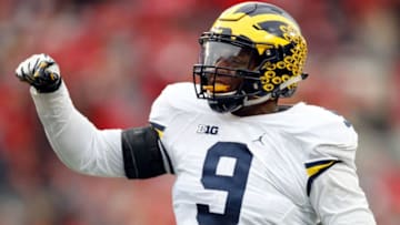 COLUMBUS, OH - NOVEMBER 26: Mike McCray #9 of the Michigan Wolverines reacts after sacking J.T. Barrett #16 of the Ohio State Buckeyes during the second half of their game at Ohio Stadium on November 26, 2016 in Columbus, Ohio. (Photo by Gregory Shamus/Getty Images)