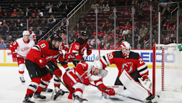NEWARK, NEW JERSEY - FEBRUARY 13: Mackenzie Blackwood #29 of the New Jersey Devils makes the third period save on Justin Abdelkader #8 of the Detroit Red Wings at the Prudential Center on February 13, 2020 in Newark, New Jersey. The Devils defeated the Red Wings 4-1. (Photo by Bruce Bennett/Getty Images)