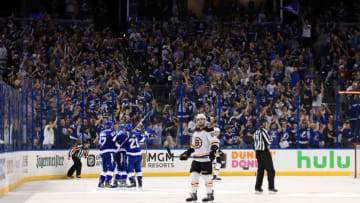 TAMPA, FL - APRIL 30: Ondrej Palat #18 of the Tampa Bay Lightning celebrates a goal during Game Two of the Eastern Conference Second Round against the Boston Bruins during the 2018 NHL Stanley Cup Playoffs at Amalie Arena on April 30, 2018 in Tampa, Florida. (Photo by Mike Ehrmann/Getty Images)
