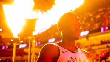 MIAMI, FL - NOVEMBER 09: Victor Oladipo #4 of the Indiana Pacers looks on during player introduction against the Miami Heat at American Airlines Arena on November 9, 2018 in Miami, Florida. NOTE TO USER: User expressly acknowledges and agrees that, by downloading and or using this photograph, User is consenting to the terms and conditions of the Getty Images License Agreement. (Photo by Michael Reaves/Getty Images)
