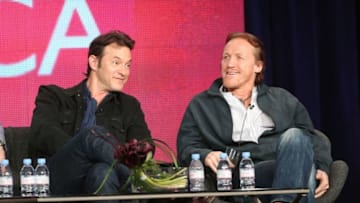 PASADENA, CA - JANUARY 05: Actors Adam Rothenberg (L) and Jerome Flynn speak onstage at the "Ripper Street" panel discussion during the BBC America portion of the 2013 Winter TCA Tour- Day 2 at Langham Hotel on January 5, 2013 in Pasadena, California. (Photo by Frederick M. Brown/Getty Images)