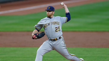 CINCINNATI, OH - SEPTEMBER 22: Brett Anderson #25 of the Milwaukee Brewers pitches during the game against the Cincinnati Reds at Great American Ball Park on September 22, 2020 in Cincinnati, Ohio. (Photo by Michael Hickey/Getty Images)