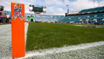 Nov 17, 2013; Jacksonville, FL, USA; A general view of the military themed NFL logo on the pile on before between the Jacksonville Jaguars and the Arizona Cardinals the game at EverBank Field. Mandatory Credit: Rob Foldy-USA TODAY Sports