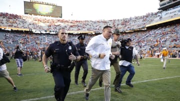 KNOXVILLE, TN - SEPTEMBER 30: Tennessee Volunteers head coach Butch Jones leaves the field after a game against the Georgia Bulldogs at Neyland Stadium on September 30, 2017 in Knoxville, Tennessee. Georgia won 41-0. (Photo by Joe Robbins/Getty Images)