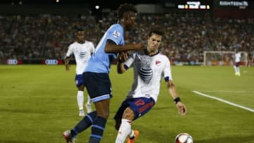 Jul 29, 2015; Denver, CO, USA; MLS All Stars midfielder Benny Feilhaber (17) of Sporting Kansas City and Tottenham Hotspur midfielder Josh Onomah (47)battle for the ball during the second half of the 2015 MLS All Star Game at Dick's Sporting Goods Park. MLS All Stars defeated Tottenham Hotspur 2-1. Mandatory Credit: Isaiah J. Downing-USA TODAY Sports