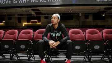 WHITE PLAINS, NY- MAY 8: Asia Durr #25 of New York Liberty looks on before the game against the Minnesota Lynx on May 8, 2019 at the Westchester County Center, in White Plains, New York. NOTE TO USER: User expressly acknowledges and agrees that, by downloading and or using this photograph, User is consenting to the terms and conditions of the Getty Images License Agreement. Mandatory Copyright Notice: Copyright 2019 NBAE (Photo by Steven Freeman/NBAE via Getty Images)