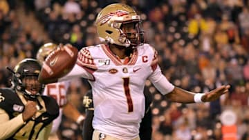 WINSTON SALEM, NORTH CAROLINA - OCTOBER 19: James Blackman #1 of the Florida State Seminoles rolls out against the Wake Forest Demon Deacons during the first half of their game at BB&T Field on October 19, 2019 in Winston Salem, North Carolina. (Photo by Grant Halverson/Getty Images)