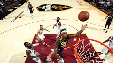 CLEVELAND, OH - OCTOBER 6: Myles Turner #33 of the Indiana Pacers shoots the ball during the preseason game against the Cleveland Cavaliers on October 6, 2017 at Quicken Loans Arena in Cleveland, Ohio. NOTE TO USER: User expressly acknowledges and agrees that, by downloading and or using this Photograph, user is consenting to the terms and conditions of the Getty Images License Agreement. Mandatory Copyright Notice: Copyright 2017 NBAE (Photo by Nathaniel S. Butler/NBAE via Getty Images)